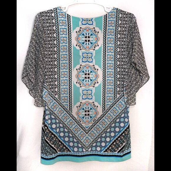Fluttery JM COLLECTION XL Aqua, Turquoise & Black Batwing Sleeve Stretch Blouse - Picture 5 of 5